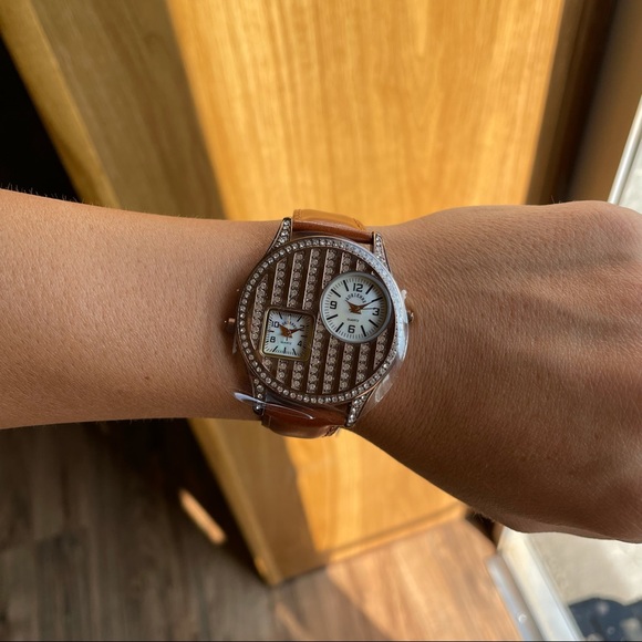 Brown Leather Watch W/ Two Mother of Pearl Dial Crystal Watch main image 2